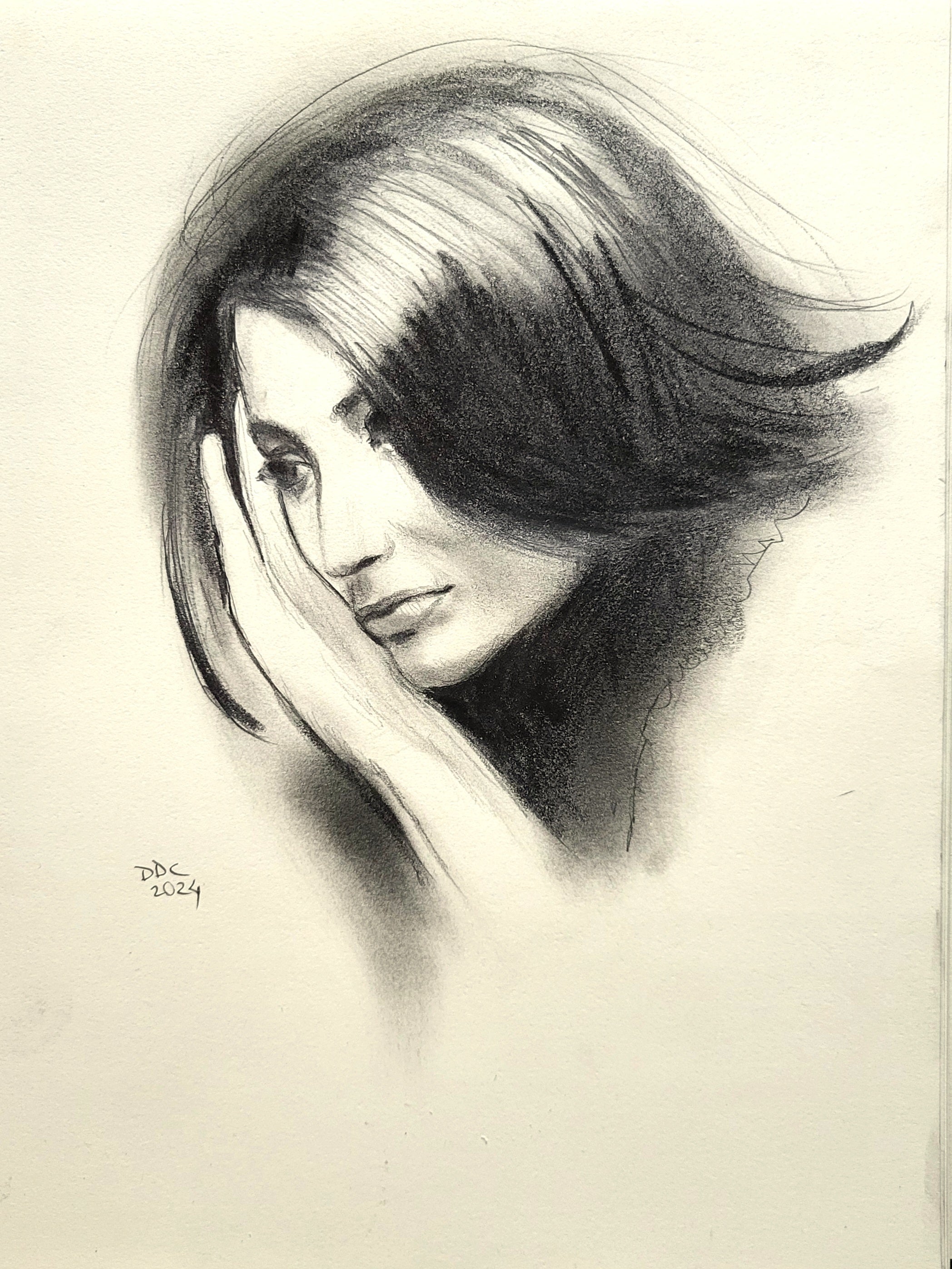 Rendition of Anouk Aimee: pencil and charcoal drawing on paper