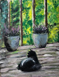 Kitty on the porch: Original oil pastels drawing on paper