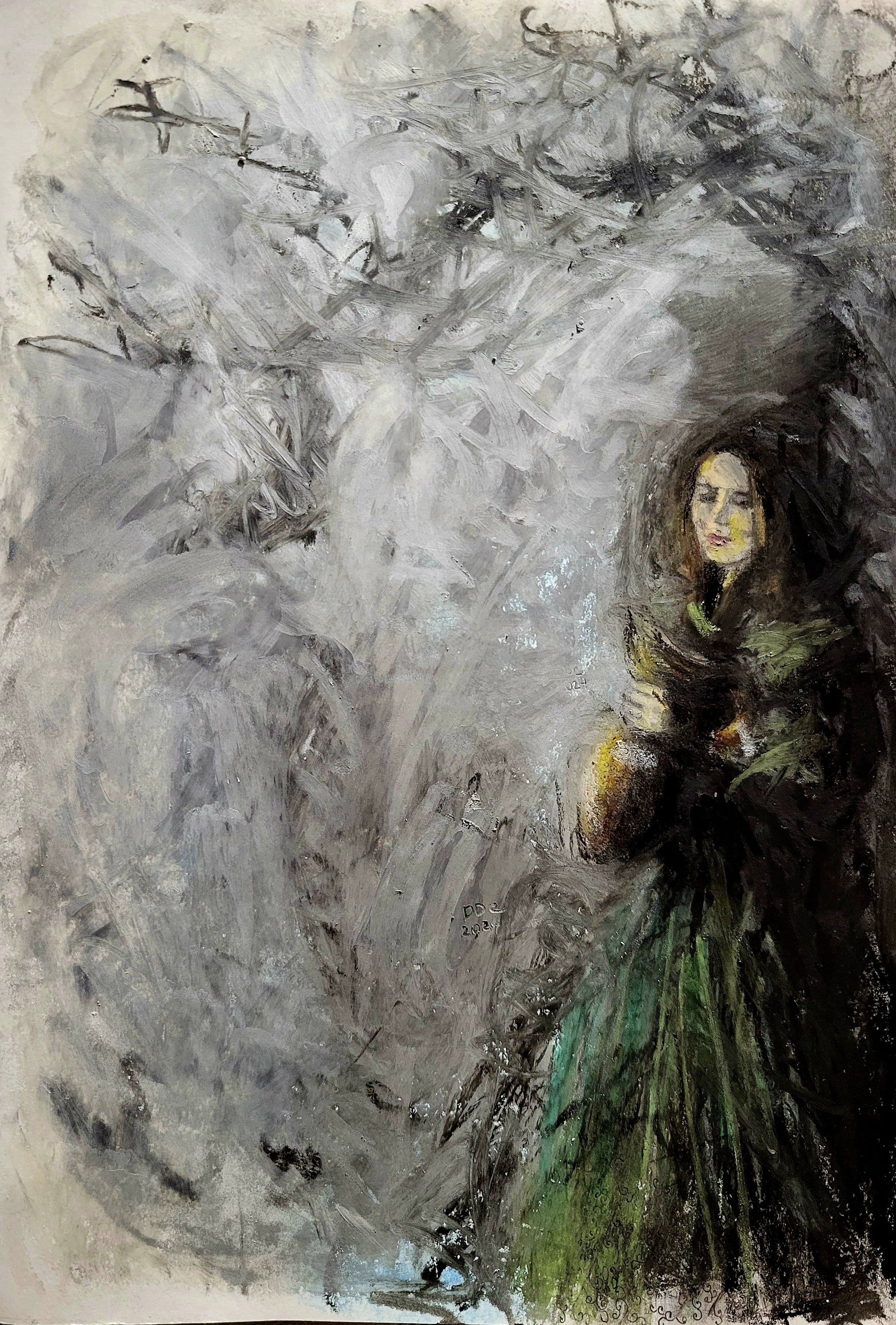 The water pitcher: Original oil pastels drawing on paper