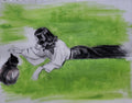 Kitty time: Original pencil and oil pastel drawing on paper