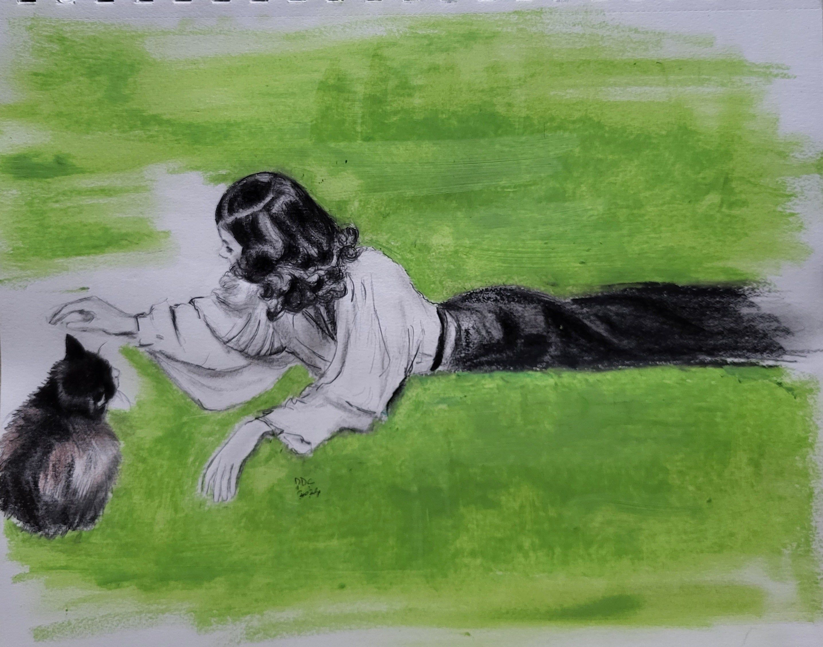 Kitty time: Original pencil and oil pastel drawing on paper