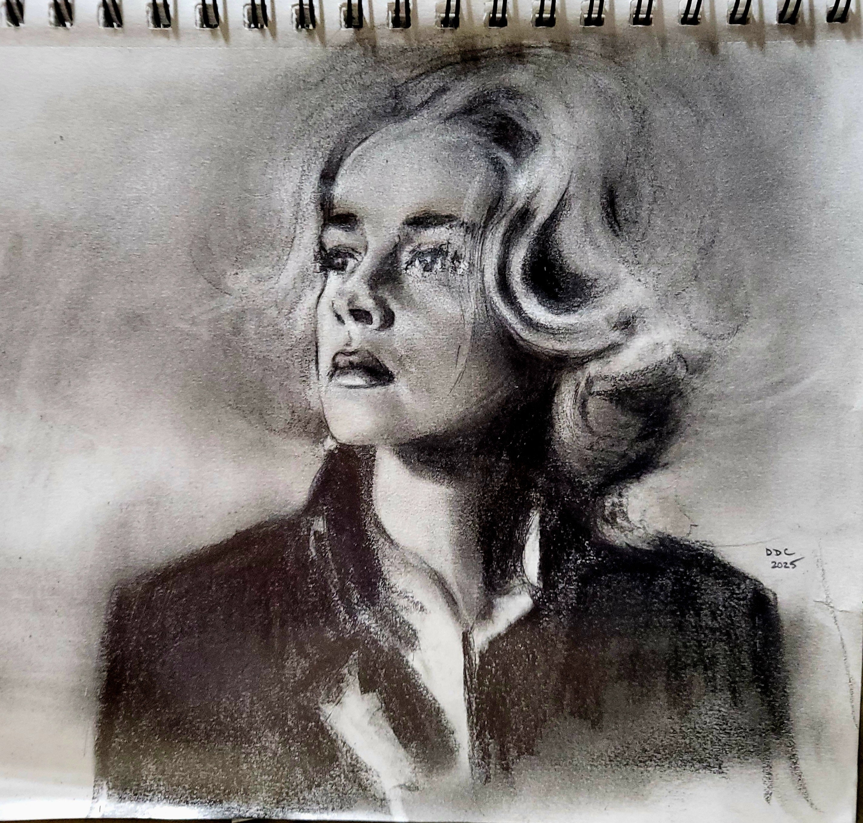 Rendition of Jeanne Moreau in "Elevator to the gallows": pencil and charcoal drawing on paper