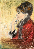 Pensive: Original Oil pastels and pencil drawing on paper