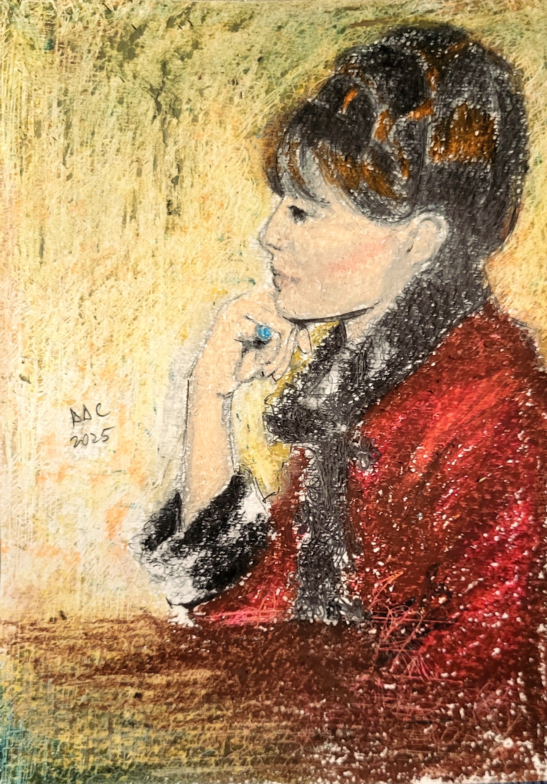 Pensive: Original Oil pastels and pencil drawing on paper