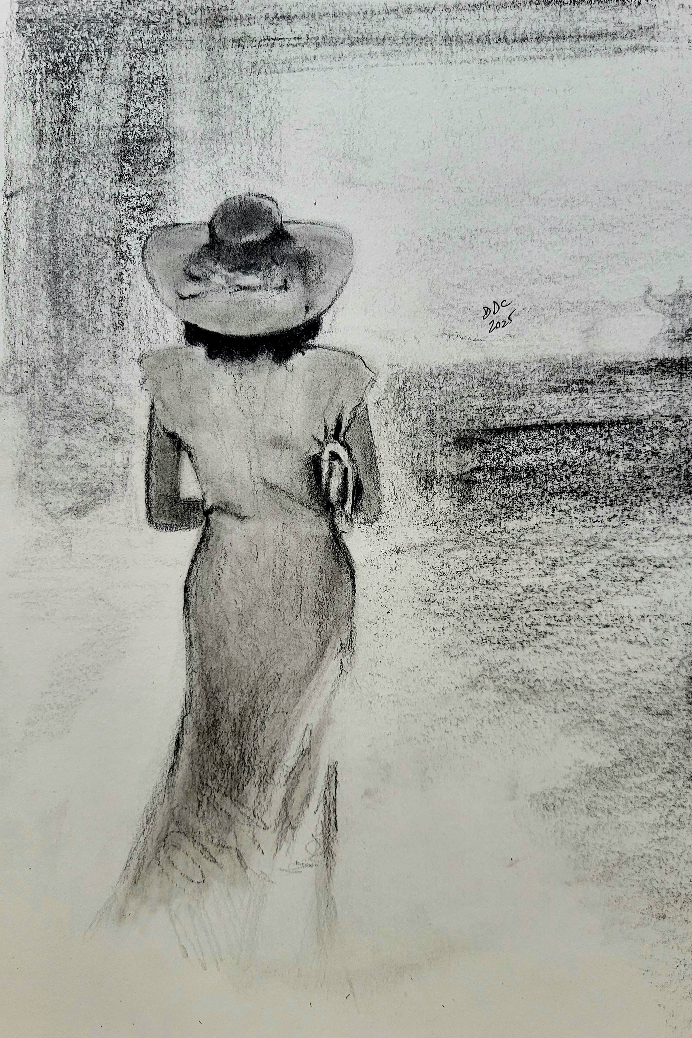 Walking away: Original pencil and charcoal drawing on paper