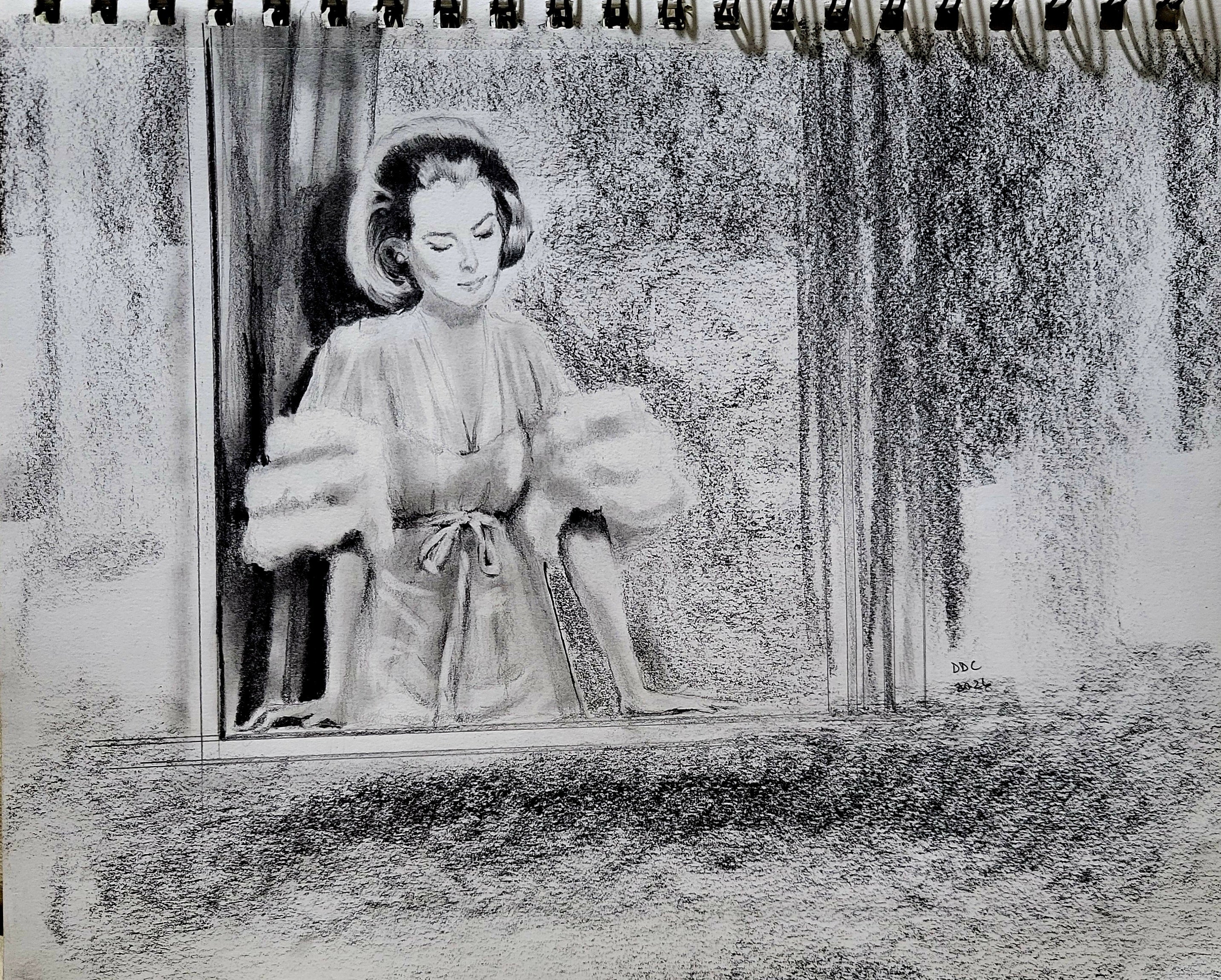 The window: Original pencil and charcoal drawing on paper