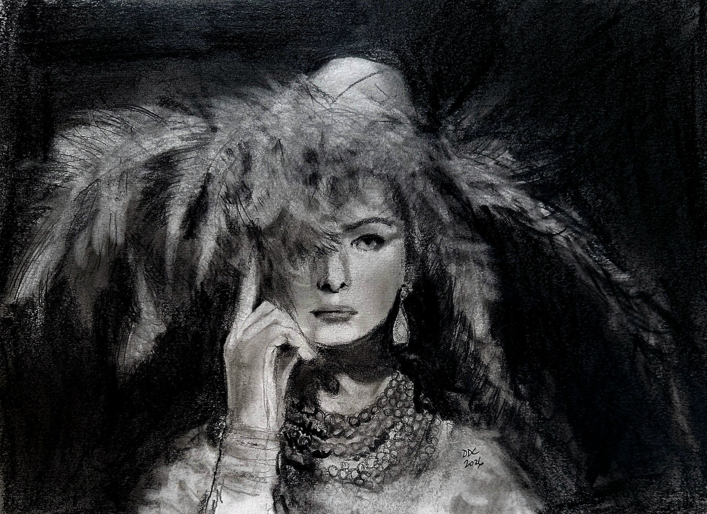 The hat: pencil and charcoal drawing on paper