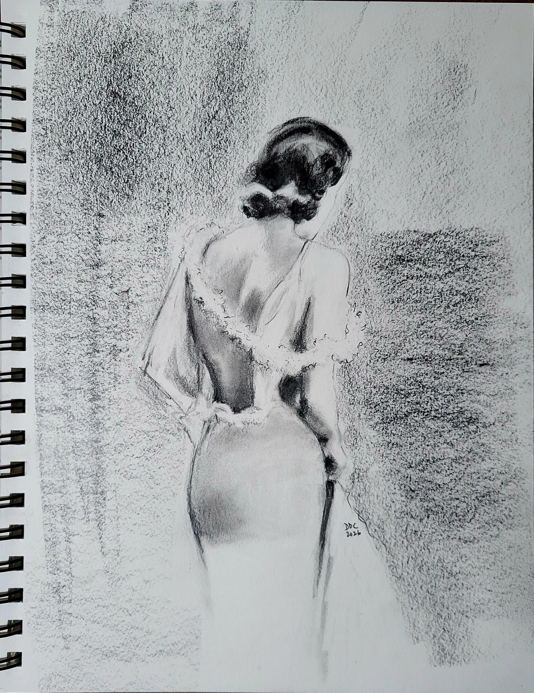 The backless dress: Pencil and charcoal original drawing on paper