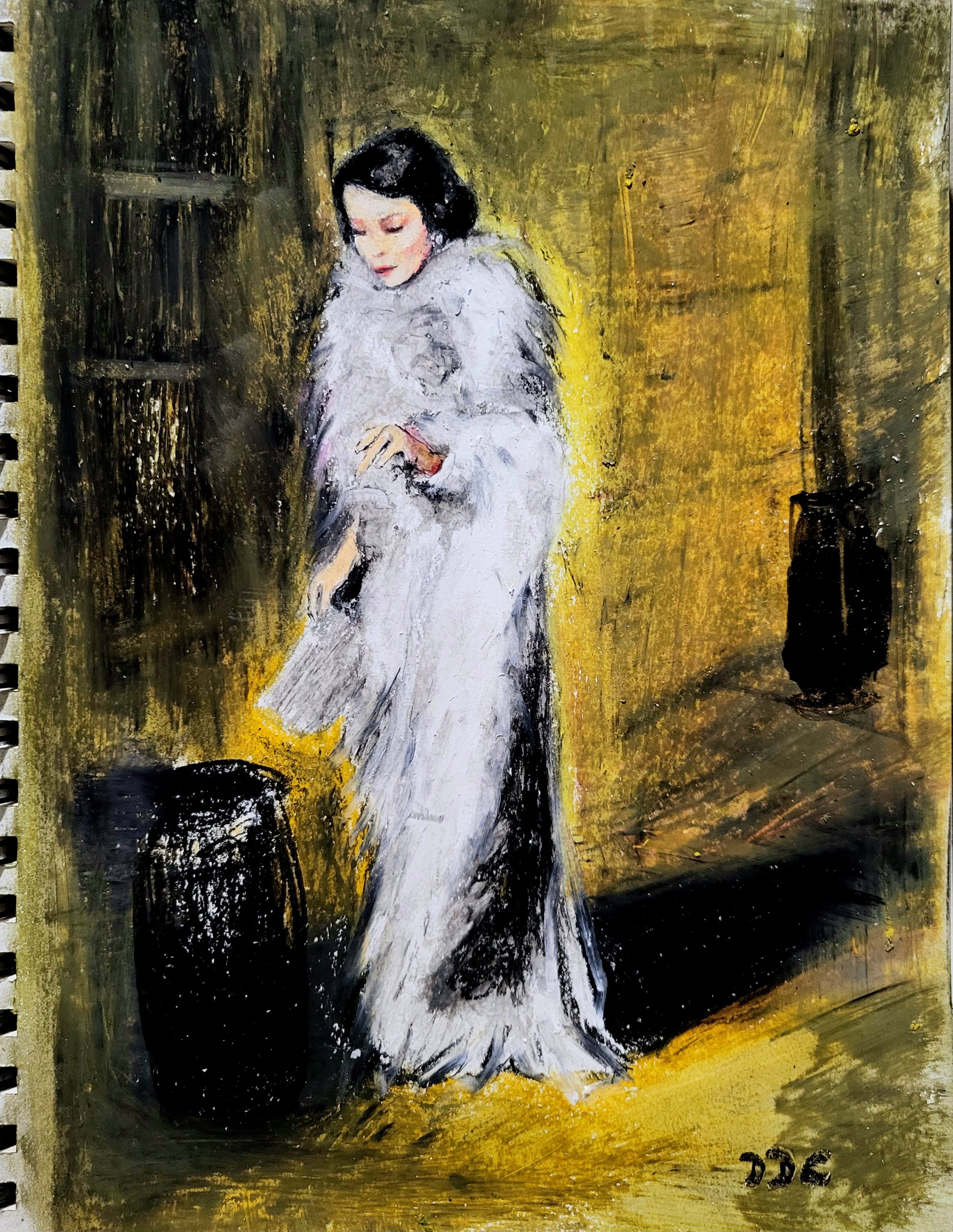 Yellow night: Original oil pastels drawing on paper