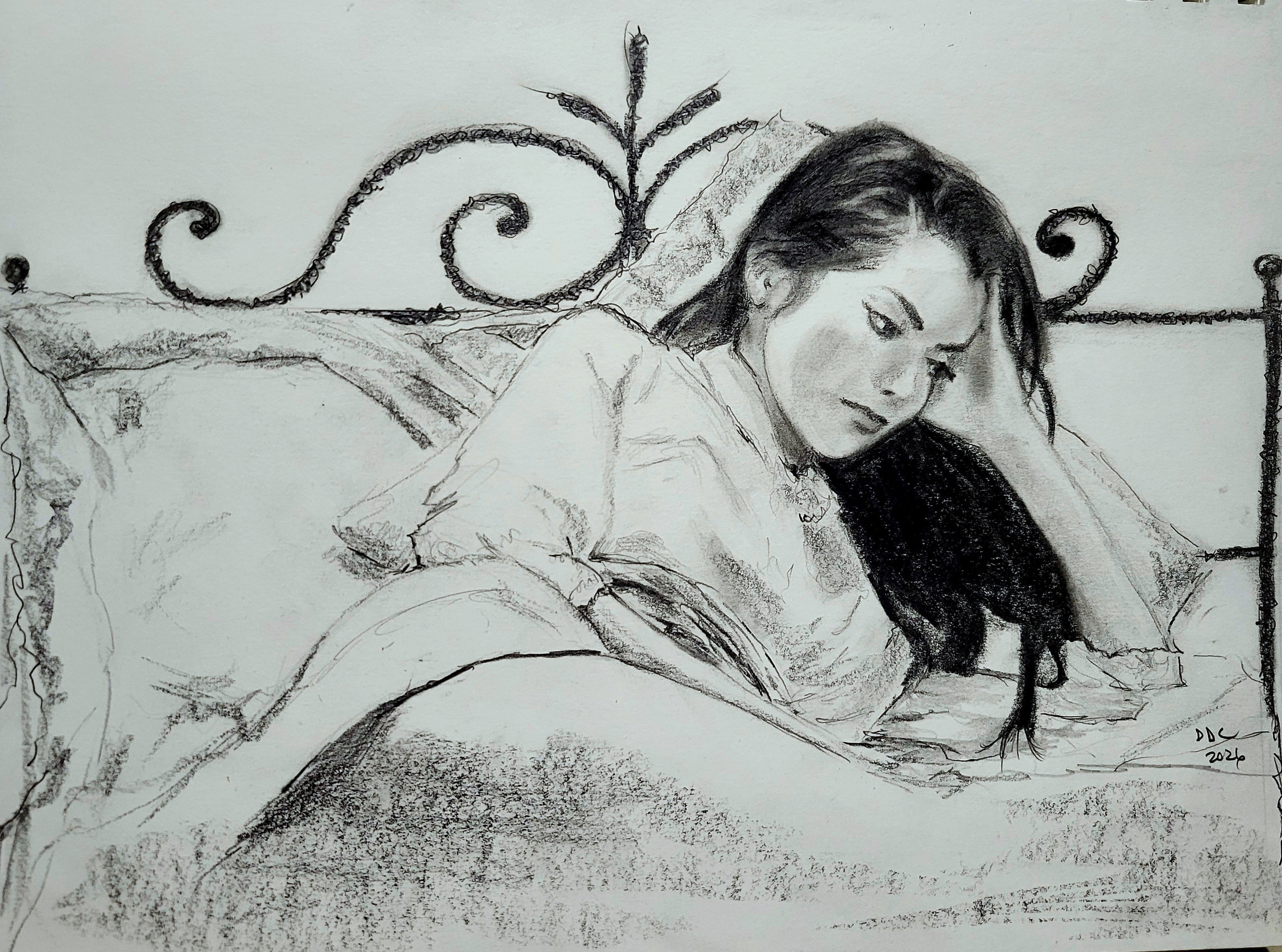 Reading: Pencil and charcoal drawing on paper
