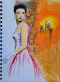 The evening dress: Original Oil pastels and pencil drawing on paper
