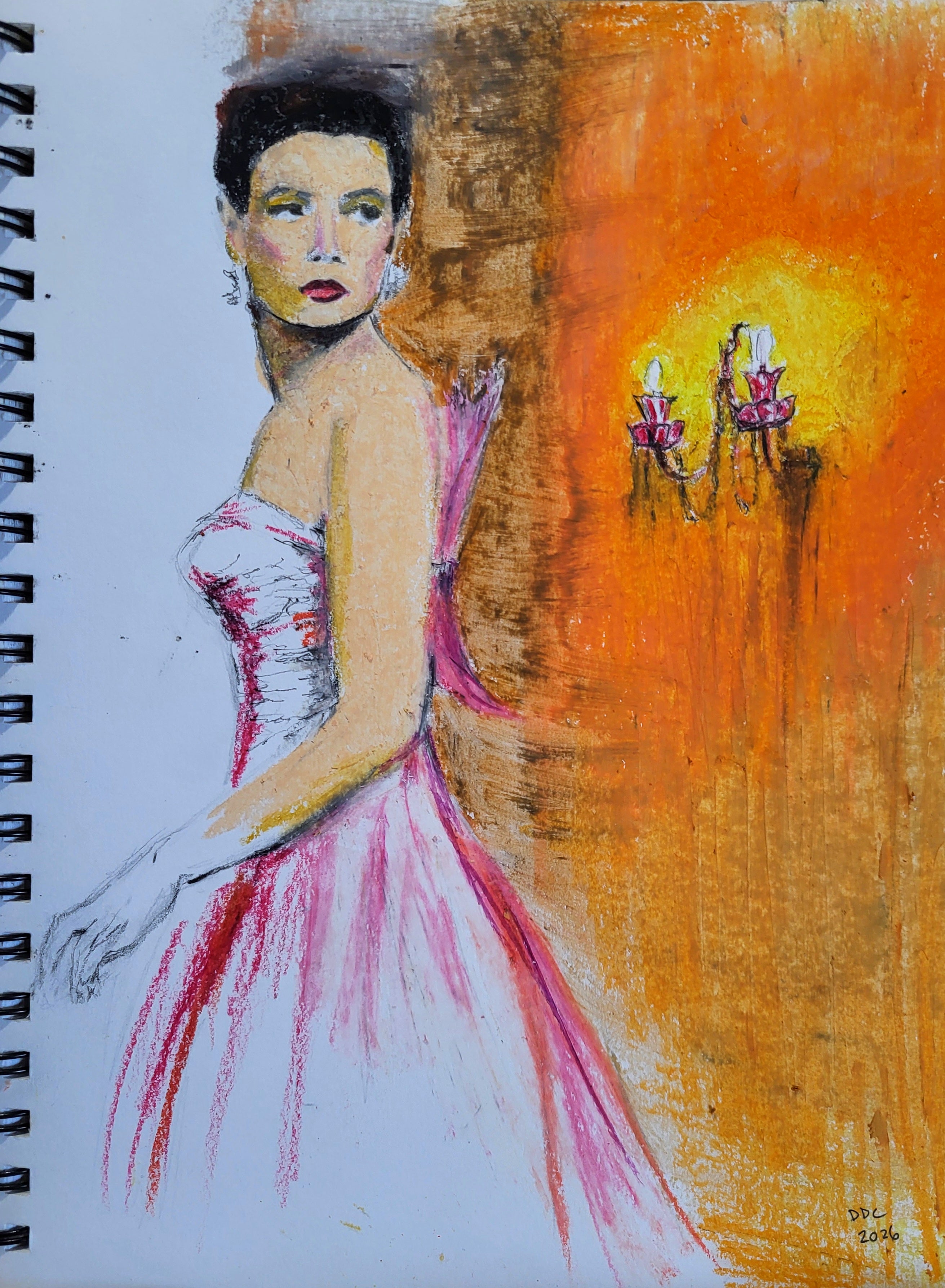 The evening dress: Original Oil pastels and pencil drawing on paper