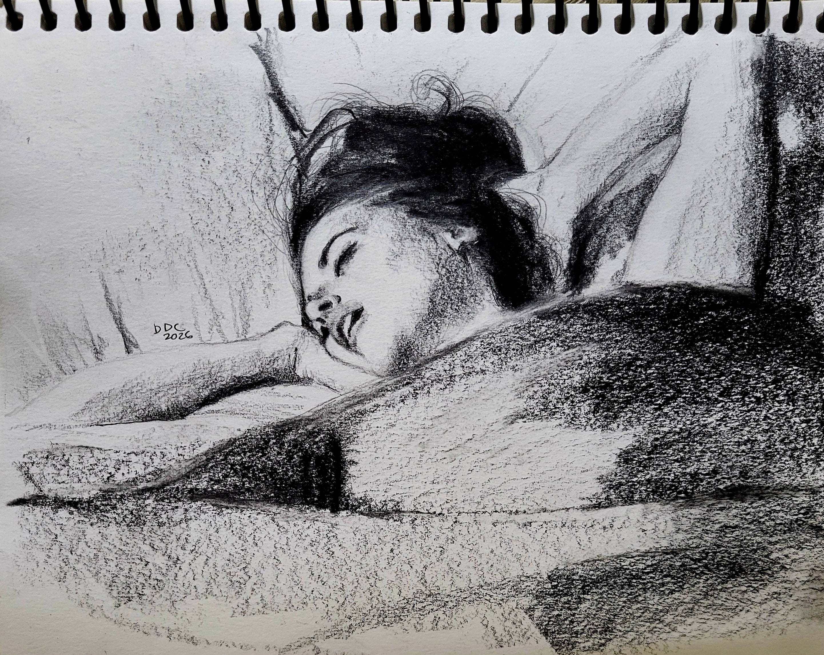 Sunday morning: Original pencil and charcoal drawing on apper