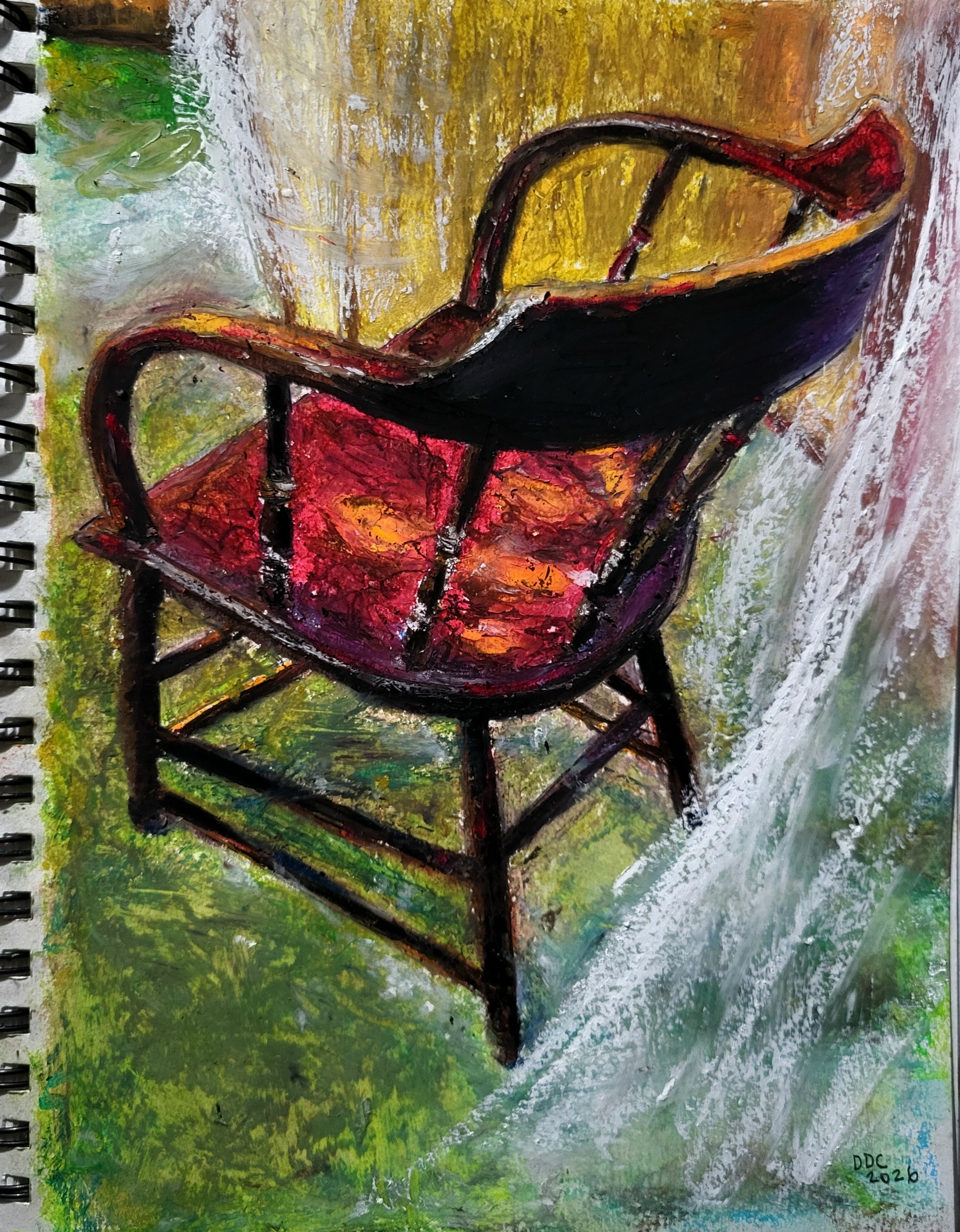 The old chair:  Original oil pastels drawing on paper