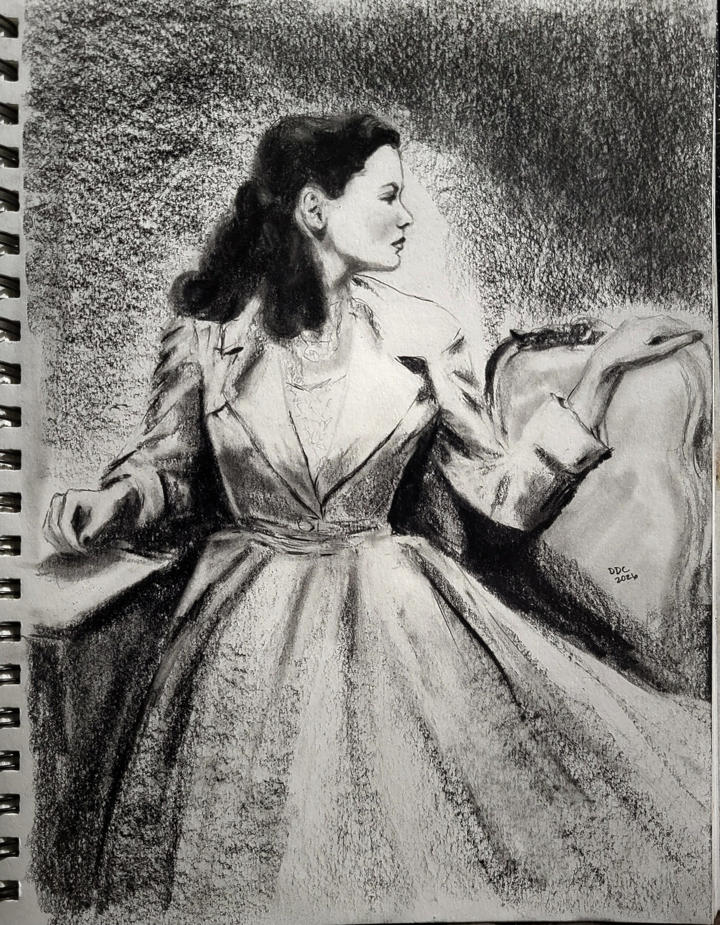 At the desk: Original pencil and charcoal drawing on paper